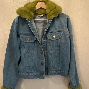 Vintage Y2K Denim Jacket with Green Fur Accents